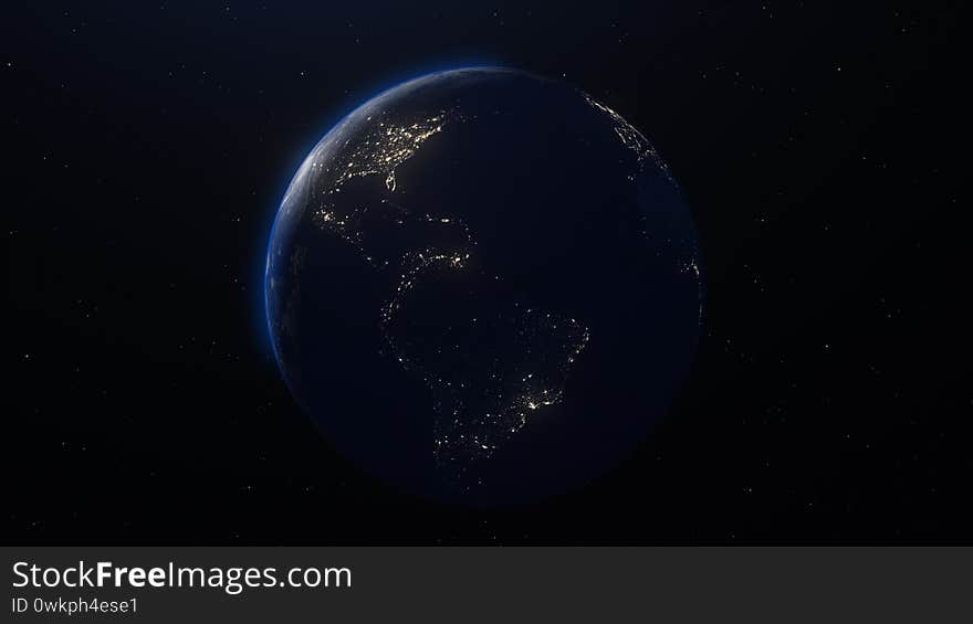 Planet earth globe at night. Highly detailed. Elements of this image furnished by NASA. Night sky with stars and nebula. View from space. Europe, sunrise, space, galaxy, map. 3d render