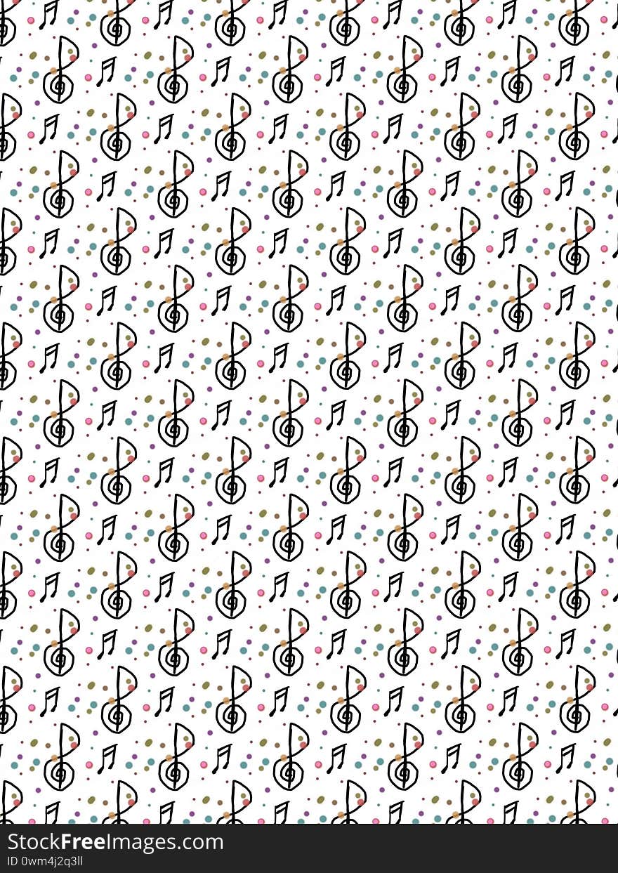 Black musical notes pattern with colorful dots