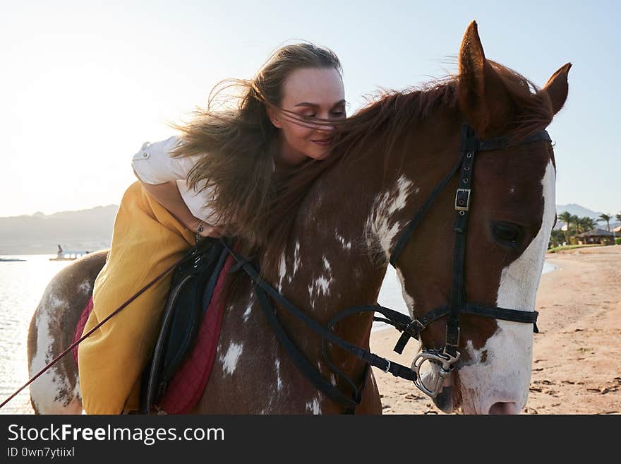 Girl horseback rider sitting on a horse stroking horse`s neck