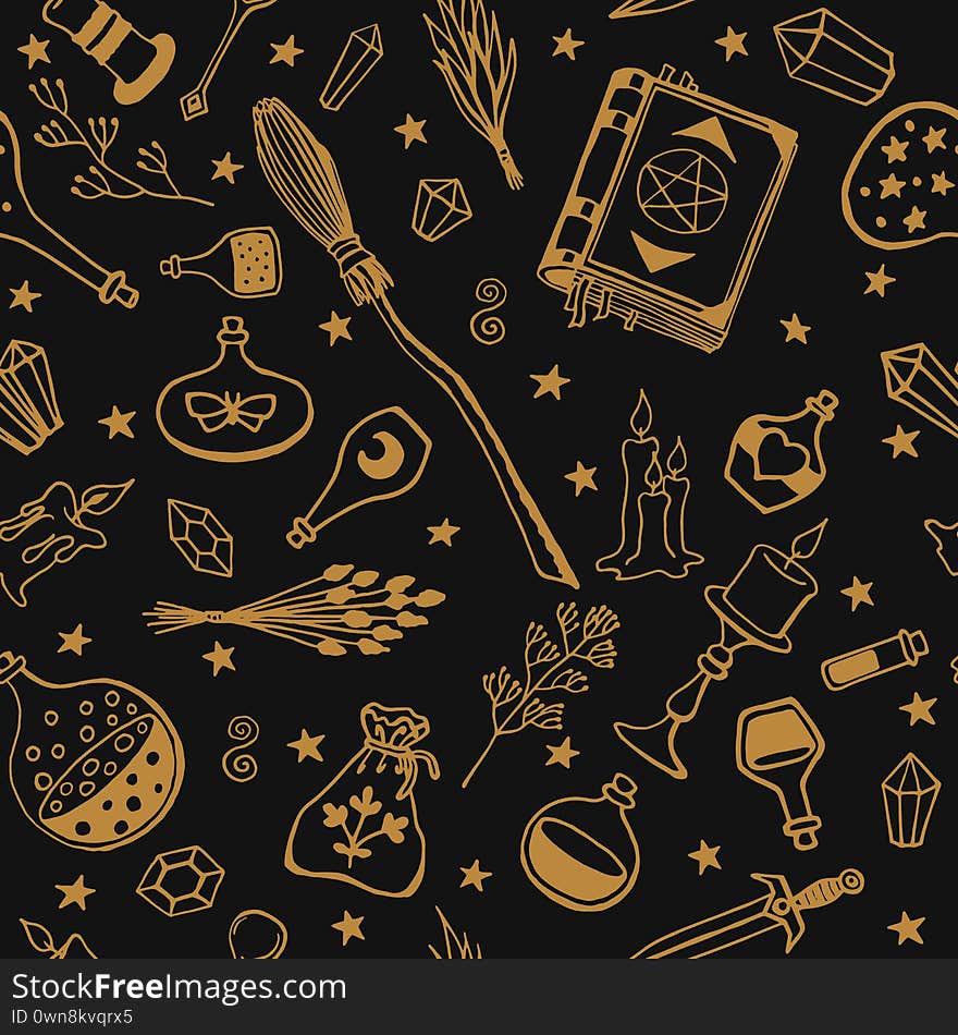 Witchcraft, magic background for witches and wizards. Vector seamless pattern in vintage style. Hand drawn magic tools, concept of witchcraft