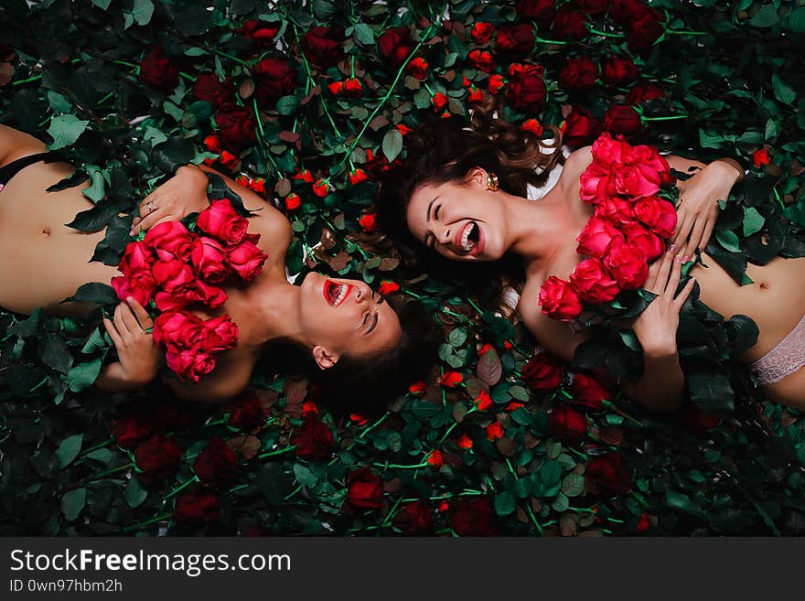 Two Brunettes Are Lying On The Flowers, Covered With Red Roses