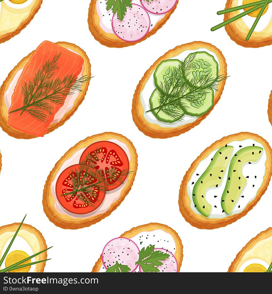 Seamless pattern made from toasts with different fillings on a white background. Tasty sandwiches. Endless image. Cartoon style. Object for packaging, advertisements, menu. Vector illustration