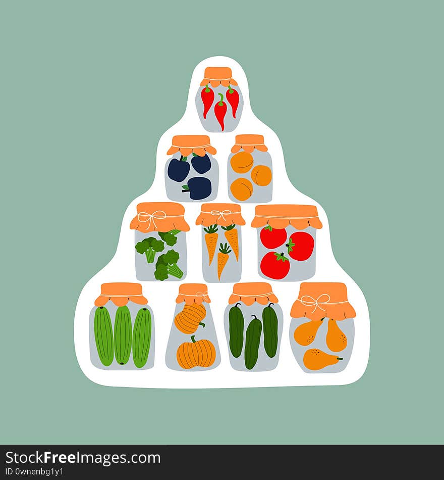 Sticker design with jars for pickling vegetables and fruits