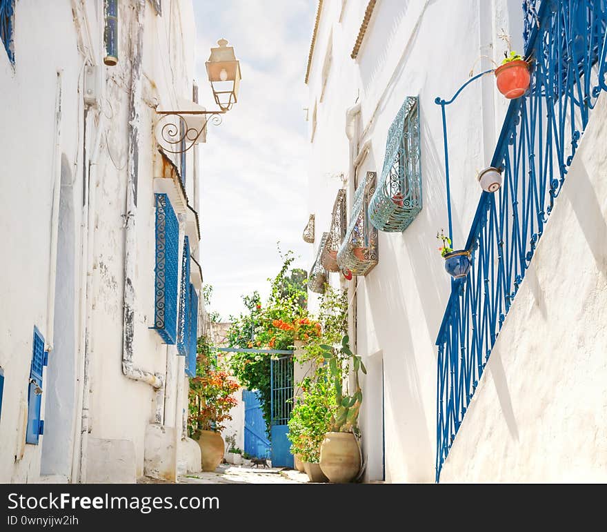 Street with white and blue houses under bright sun