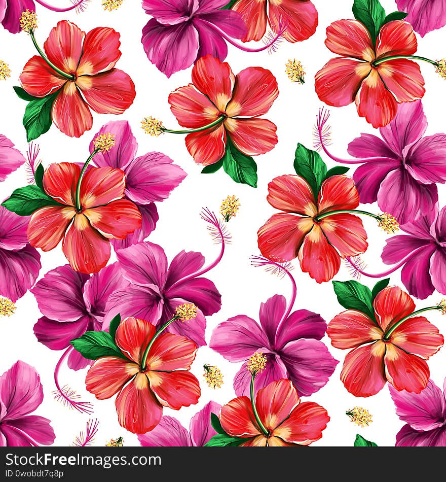 Floral digital pattern with Hibiscus on white background. Seamless summer tropical fabric design. Hand drawn illustration.