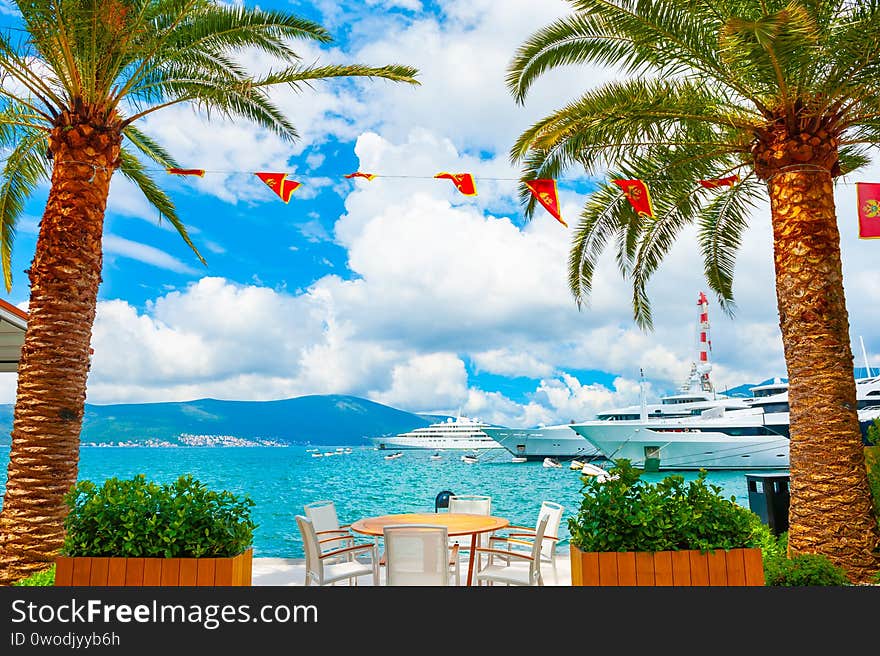 Beautiful sea promenade with palms in Tivat, Montenegro. Kotor bay, Adriatic sea. Famous travel destination. Beautiful sea promenade with palms in Tivat, Montenegro. Kotor bay, Adriatic sea. Famous travel destination