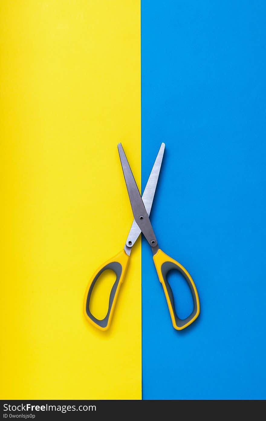 Spread salad scissors on a two-color background. Flat lay.