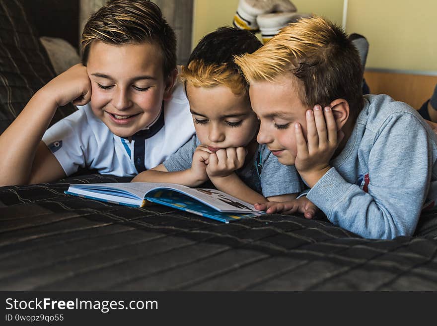 Focused little boys lying on bed and reading interesting story in book while spending free time together in cozy bedroom at home. Focused little boys lying on bed and reading interesting story in book while spending free time together in cozy bedroom at home