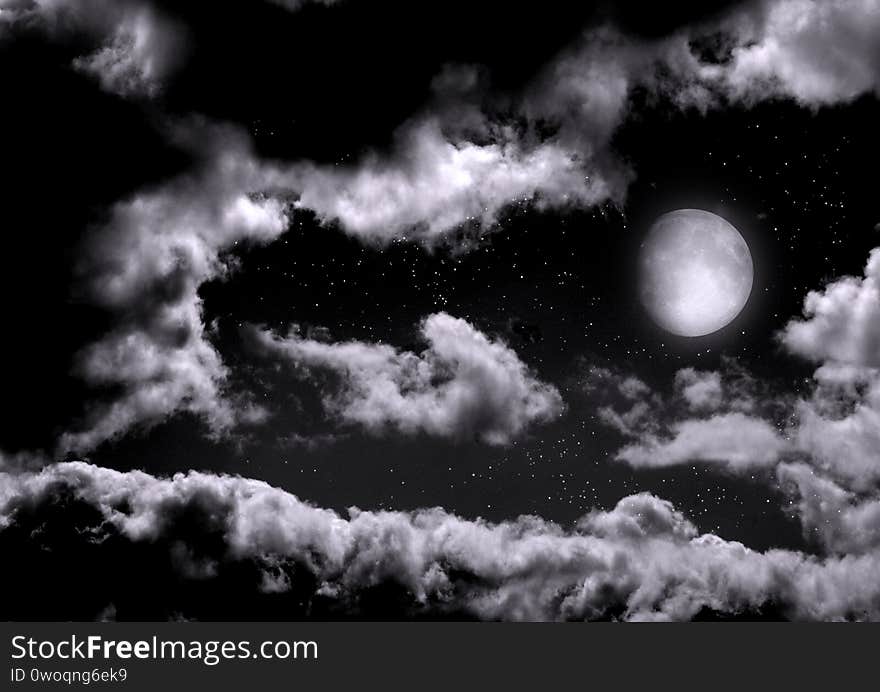 The moon in the night sky in clouds 3D illustration