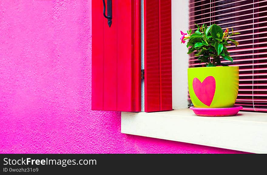 Window with pink shutters on the pink facade of the house