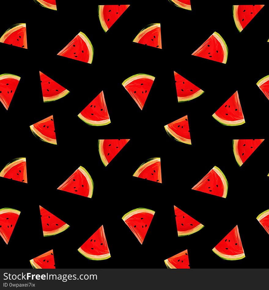 Seamless watermelons pattern. background with gouache watermelon slices on black background. Fresh fruits seasonal background flat style