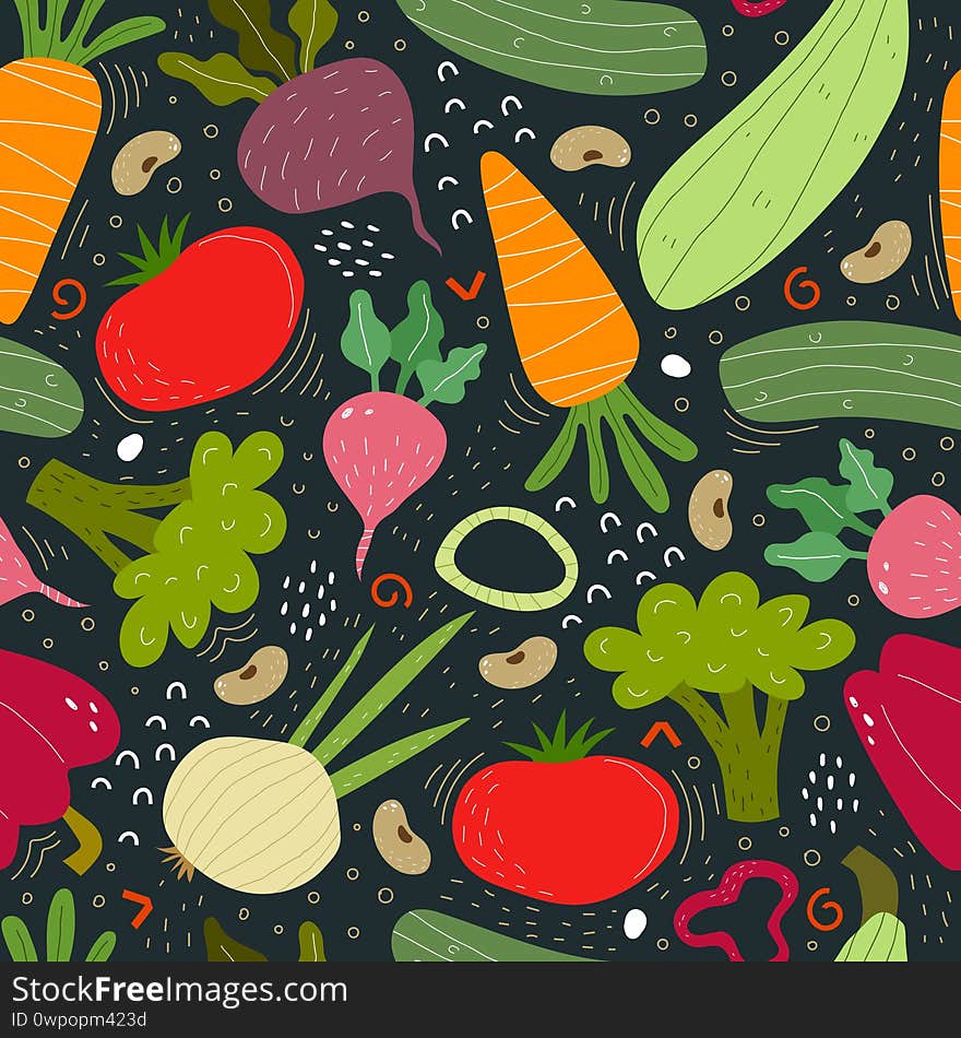 Seamless pattern with cartoon vegetables, decor elements on a neutral background. colorful vector. hand drawing, flat style. design for fabric, print, textile, wrapper