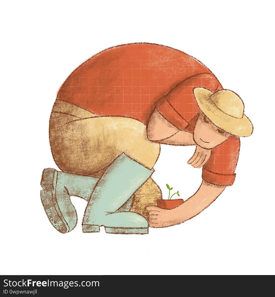 Vitruvian gardener illustration. farmer inscribed in circle. Man in red shirt, straw hat and rain boots caring seedling in pot. hand-drawn vintage style. For logo, label, web, poster