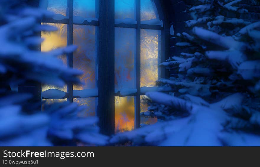 Winter village cottage landscape. Snowy forest. Snow. Snow-covered Christmas tree. Snowfall. Winter vacation. View of the luminous window through the branches. Merry Christmas! 3d render