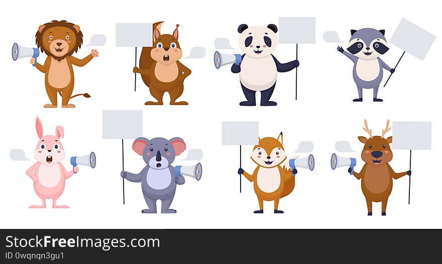 Promoters animals with blank banner. Happy cartoon animals with speech bubble.