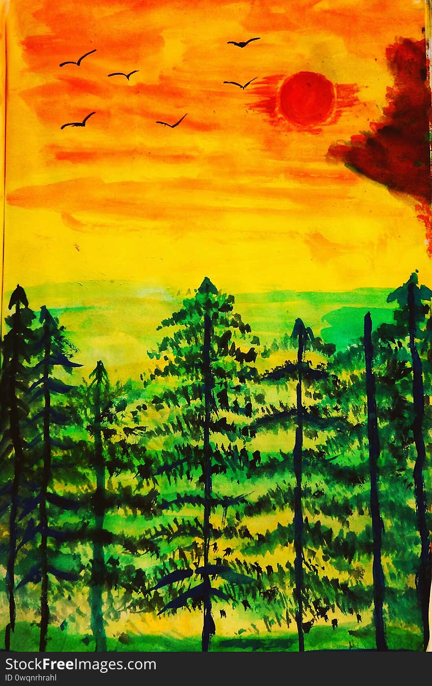 A watercolor drawing of a sunset with a red sun and green x-mas trees. A watercolor drawing of a sunset with a red sun and green x-mas trees.