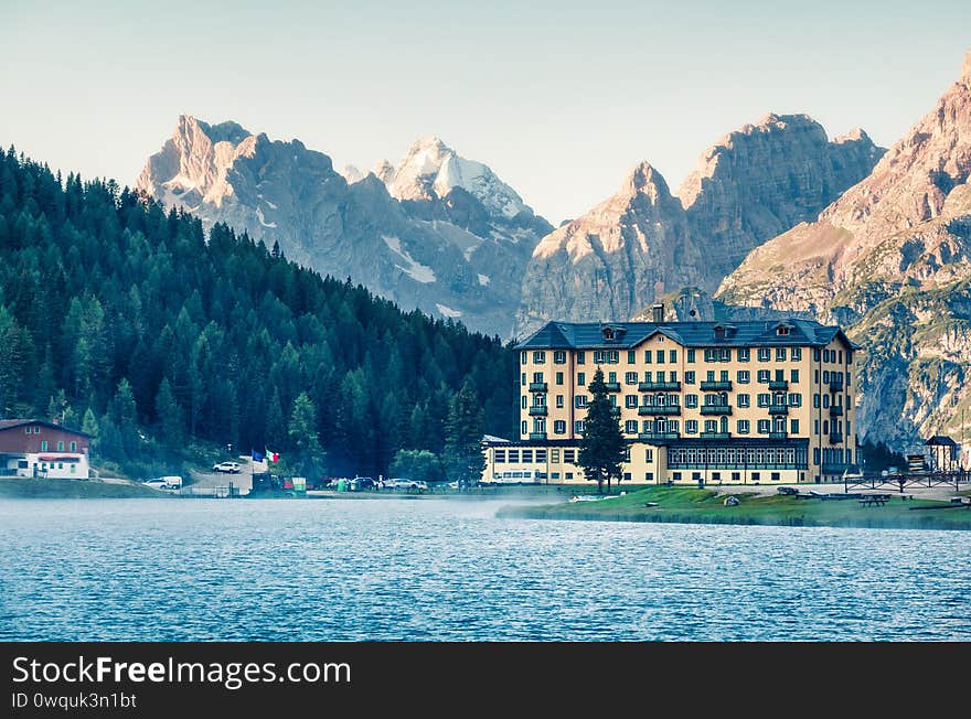 Wonderful morning scene of Misurina lake in National Park Tre Cime di Lavaredo. Great summer scene of Dolomite Alps, South Tyrol