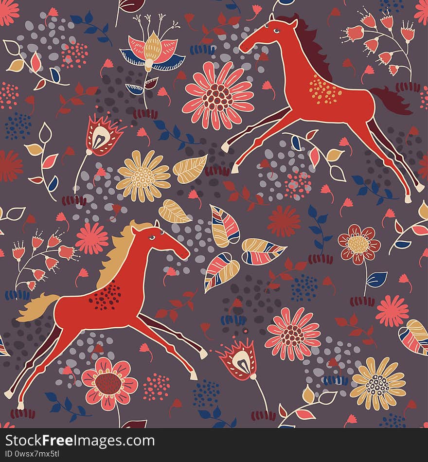 Cute seamless texture with  horses in flowers. Vector pattern for web-design, textile, graphic design