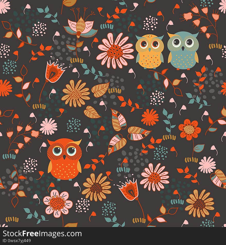 Cute colorful vector with owls and flowers. Seamless pattern. Cute colorful vector with owls and flowers. Seamless pattern