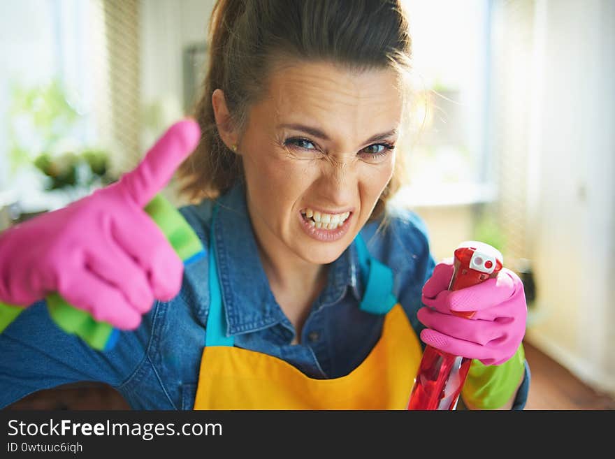 Furious middle age housewife in orange apron and pink rubber gloves with spray bottle of cleaning supplies and green sponge threatening with finger in the modern living room in sunny day. Furious middle age housewife in orange apron and pink rubber gloves with spray bottle of cleaning supplies and green sponge threatening with finger in the modern living room in sunny day