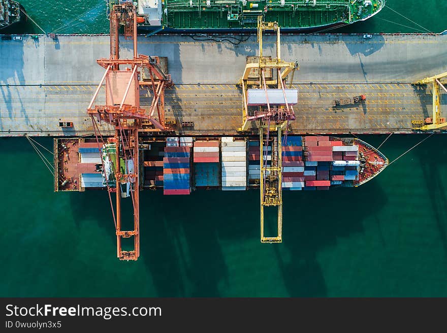 Aerial view sea port Container cargo loading ship in import export business logistic. Freight transportation. shipping business