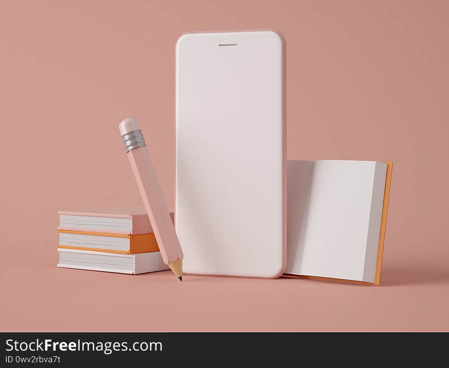 3D Illustration. Smartphone with white blank screen and education icons on pastel color background. Online education. E-learning. 3D Illustration. Smartphone with white blank screen and education icons on pastel color background. Online education. E-learning