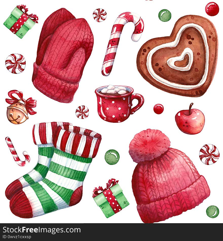 Hand drawn watercolor seamless pattern illustration of winter clothes with gingerbread, hot chocolate in mug, candy canes and gift