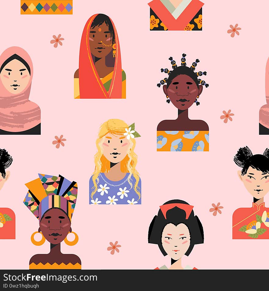 Seamless Pattern On A Light Pink Background. Portraits Of Women Of Different Races And Nationalities