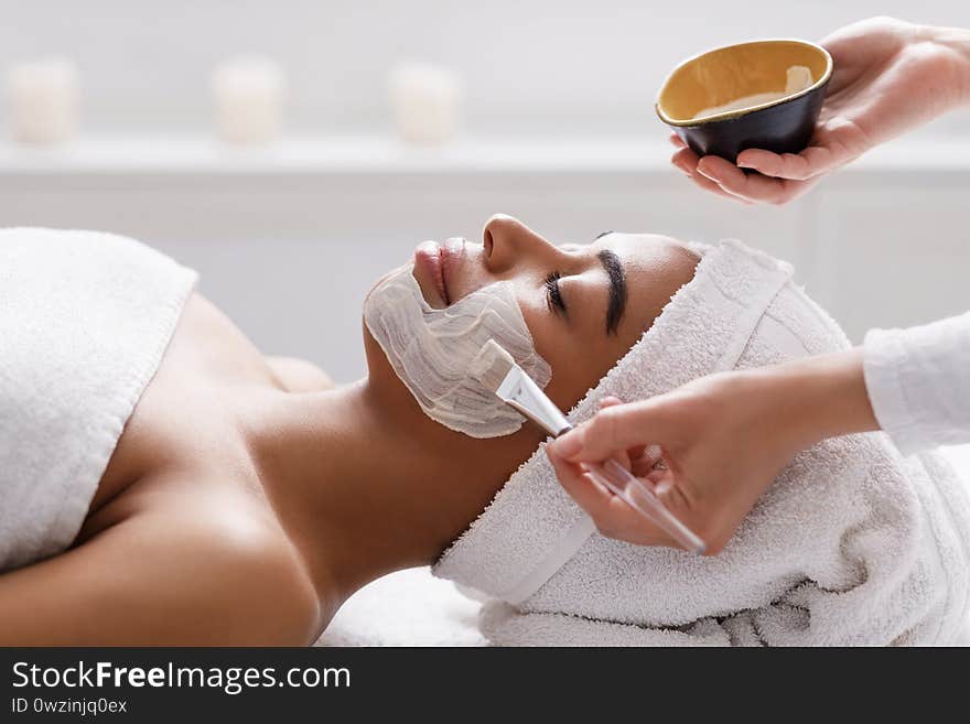 Beautician Applying Clay Face Mask On Woman Face