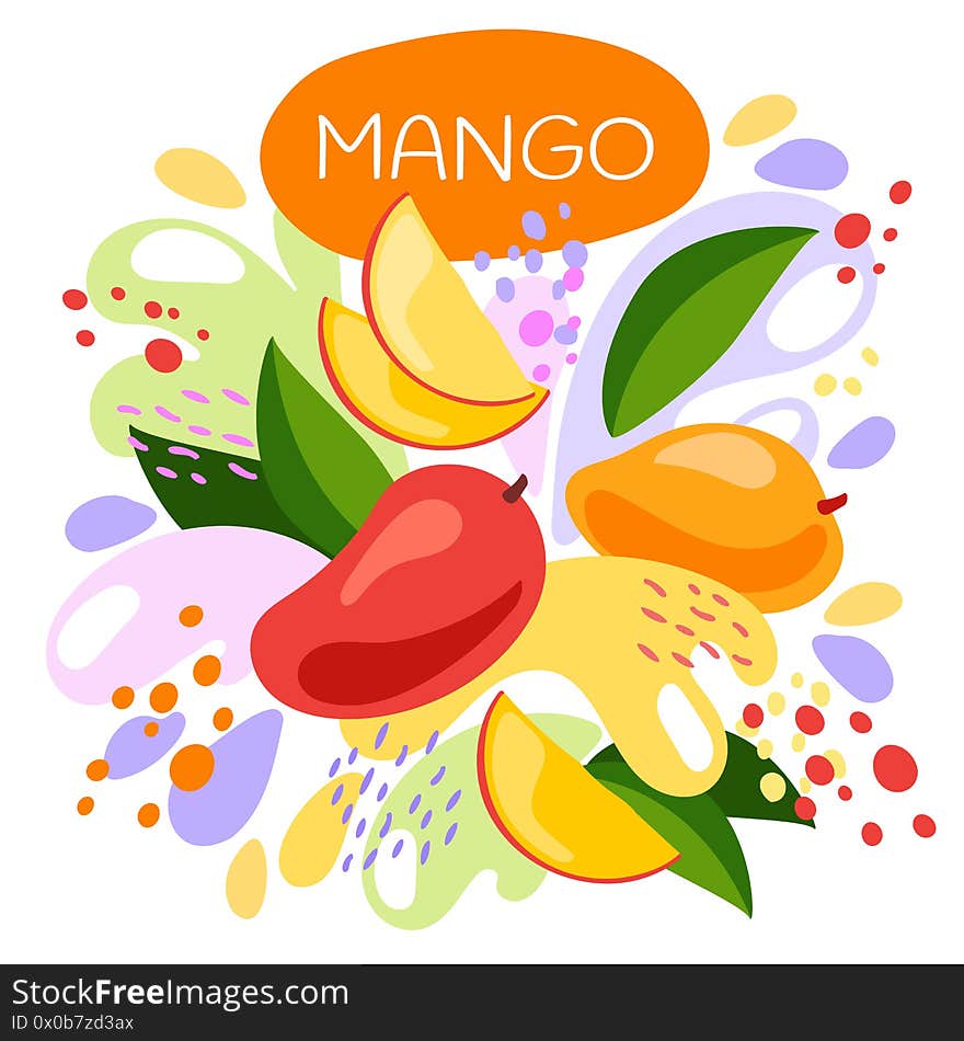 Vector illustration of an organic fruit drink. ripe mango fruits with splash of bright fresh mango juice background. eco concept