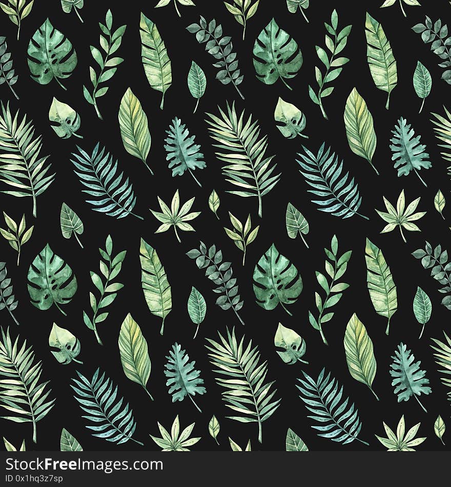 Watercolor seamless pattern. Summer tropical background. Tropical palm leaves monstera, areca, fan, banana. Perfect for invitations, prints, packing, fabric, textile, wrapping paper