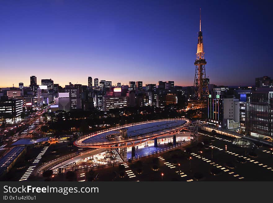 Nagoya downtown and Nagoya TV tower skyline at twilight in Japan. Nagoya downtown and Nagoya TV tower skyline at twilight in Japan.