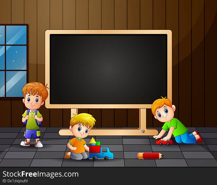 Illustration of Border template with school boys near a board