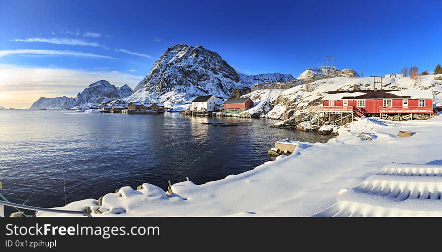 The fisherman village Sorvagen on Lofoten Islands, Norway. The fisherman village Sorvagen on Lofoten Islands, Norway