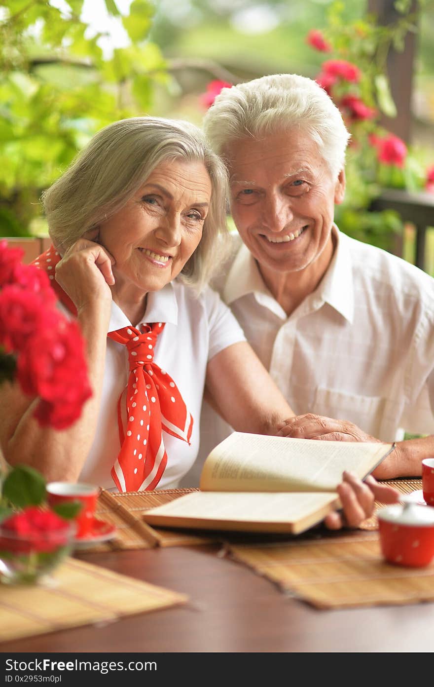 Close up portrait of happy senior couple reading book while drinking coffee on terrace at home