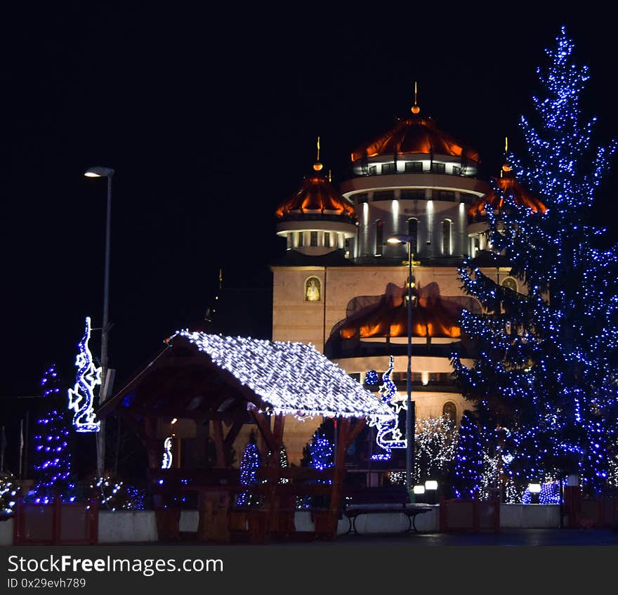 Night view of St. Peter and Paul Orthodox Cathedral, Mioveni, Arges, Romania.