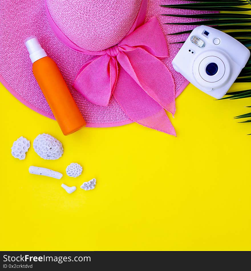 Summer set of beach items on a yellow background. Summer set of beach items on a yellow background