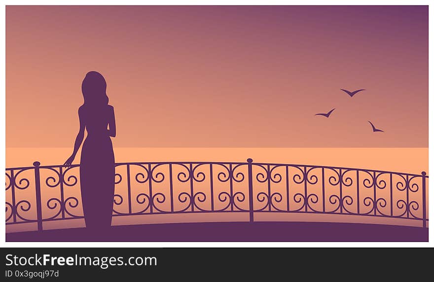 Female silhouette in a dress on the background of the evening sea.