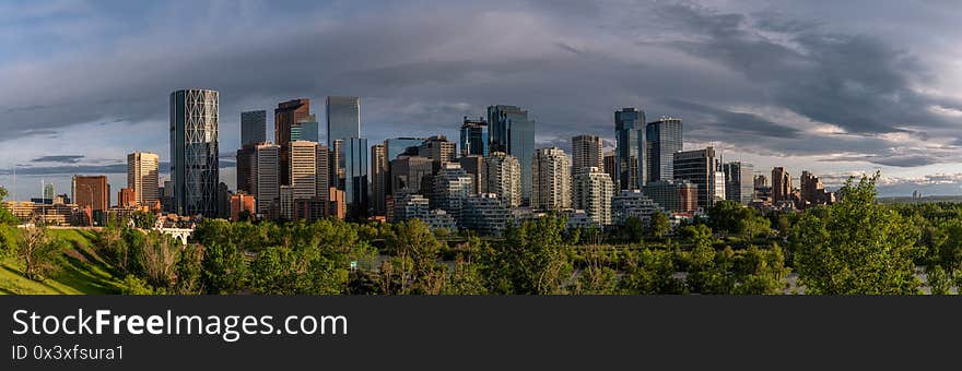 Calgary evening skyline with modern buildings