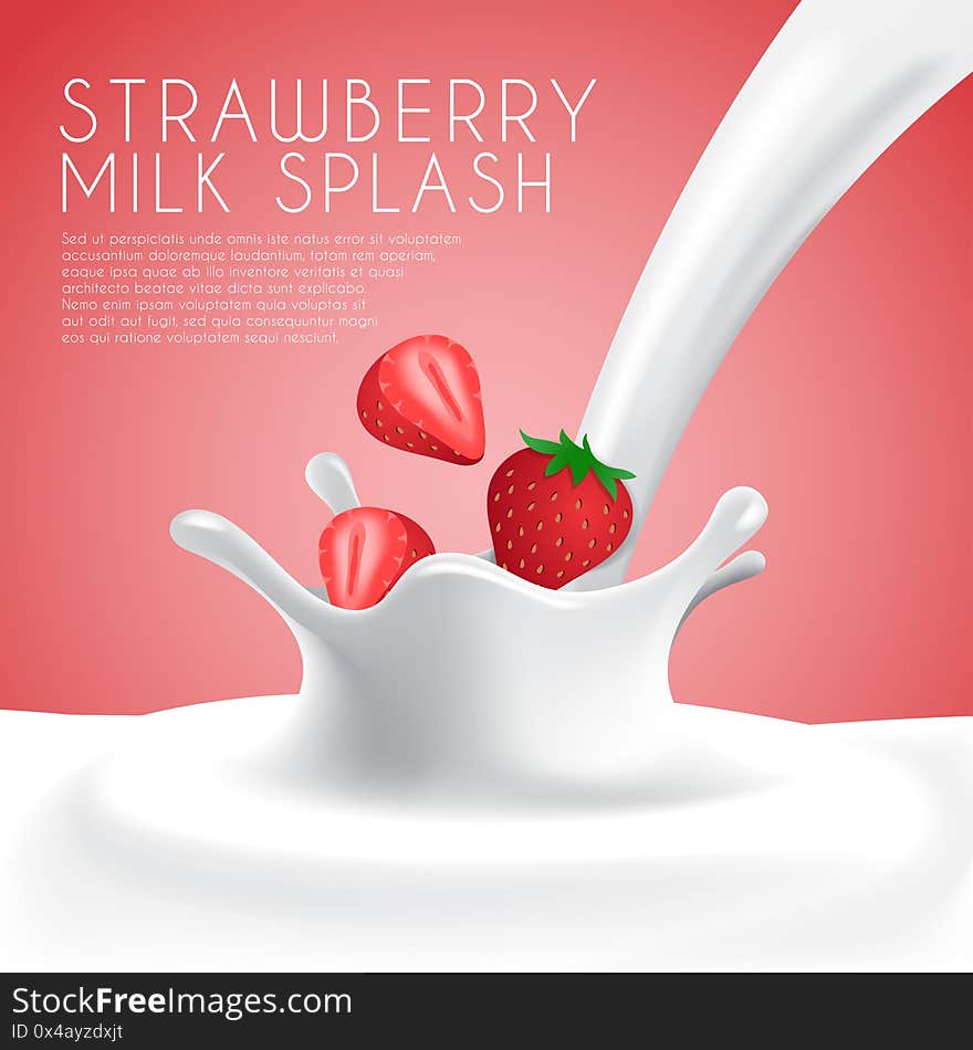 Fresh Strawberry Milk Label Template with crown splash on red background : Vector Illustration