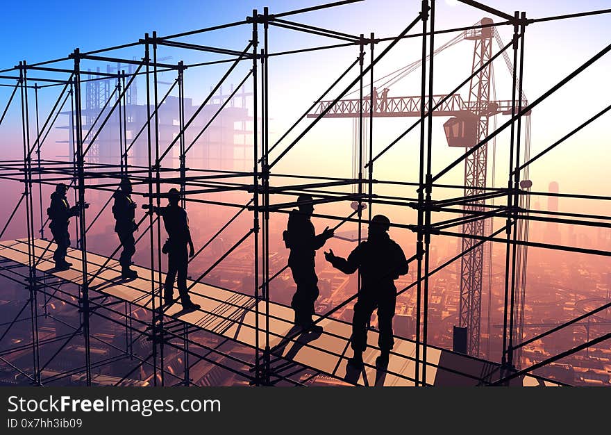 Silhouette of the workers on a background of the sky ,3d render