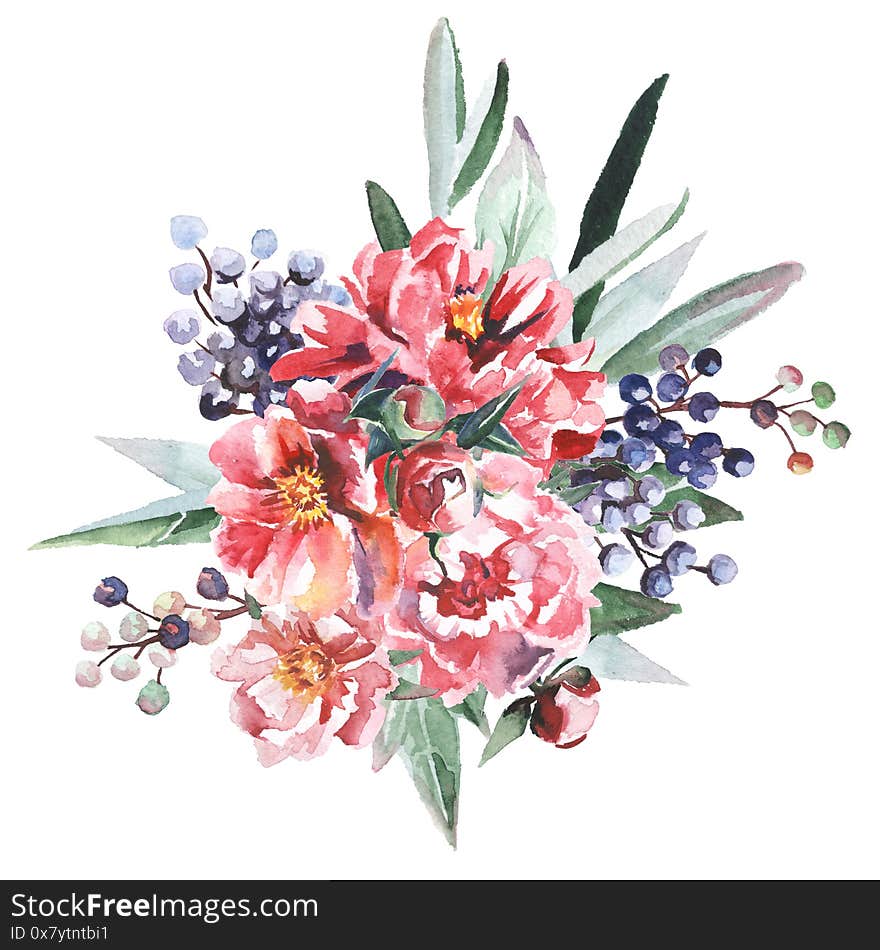 Watercolor Flowers Bouquet Isolated On White Background