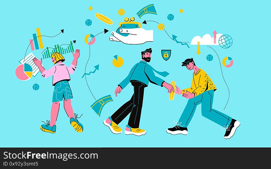 Money transfers and online secure transaction banner with tiny people making electronic payments and tracking the process of moving money. Cartoon vector illustration. Money transfers and online secure transaction banner with tiny people making electronic payments and tracking the process of moving money. Cartoon vector illustration.