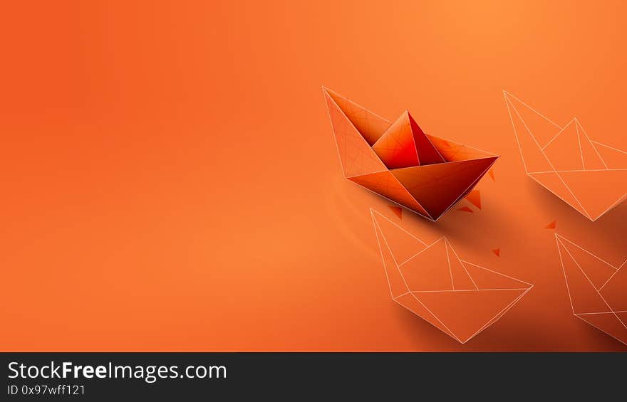 Leadership Concept with Orange Paper Ship Leading. Vector Illustration.