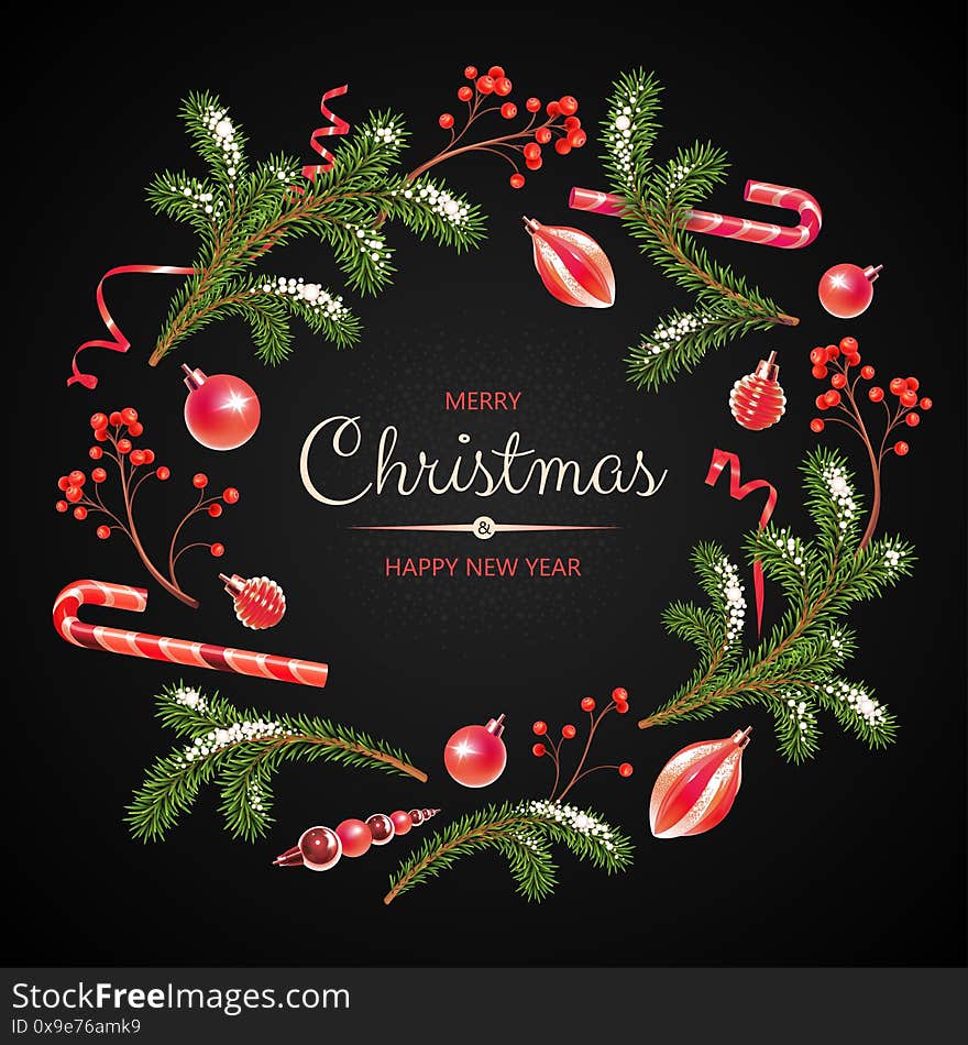 Christmas wreath with Fir branches, berries, decoration, ribbons and other festive elements on black background.