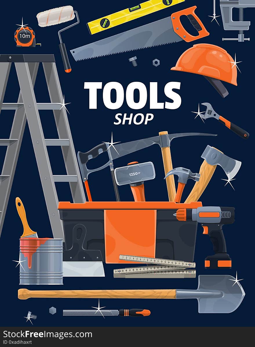 Work tools and instruments, construction, home renovation, repair and remodeling. Woodwork, painting and masonry building tools, hammer, drill and ruler, screwdriver, ladder and painting brush. Work tools and instruments, construction, home renovation, repair and remodeling. Woodwork, painting and masonry building tools, hammer, drill and ruler, screwdriver, ladder and painting brush