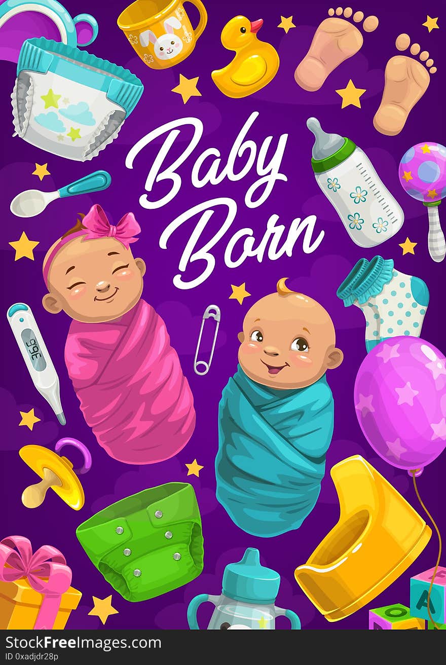 Baby born poster, cartoon girl and boy shower card