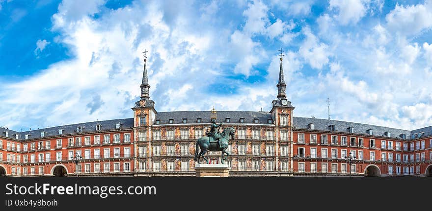 Statue of Philip III at Mayor plaza in Madrid in a beautiful summer day  in Madrid, Spain