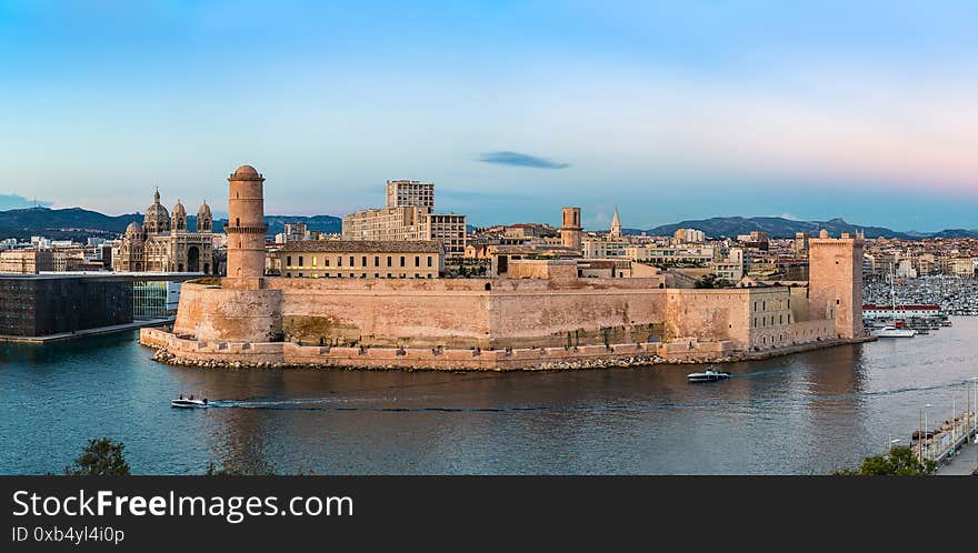 Saint Jean Castle and Cathedral de la Major and the Vieux port in Marseille, France. Saint Jean Castle and Cathedral de la Major and the Vieux port in Marseille, France