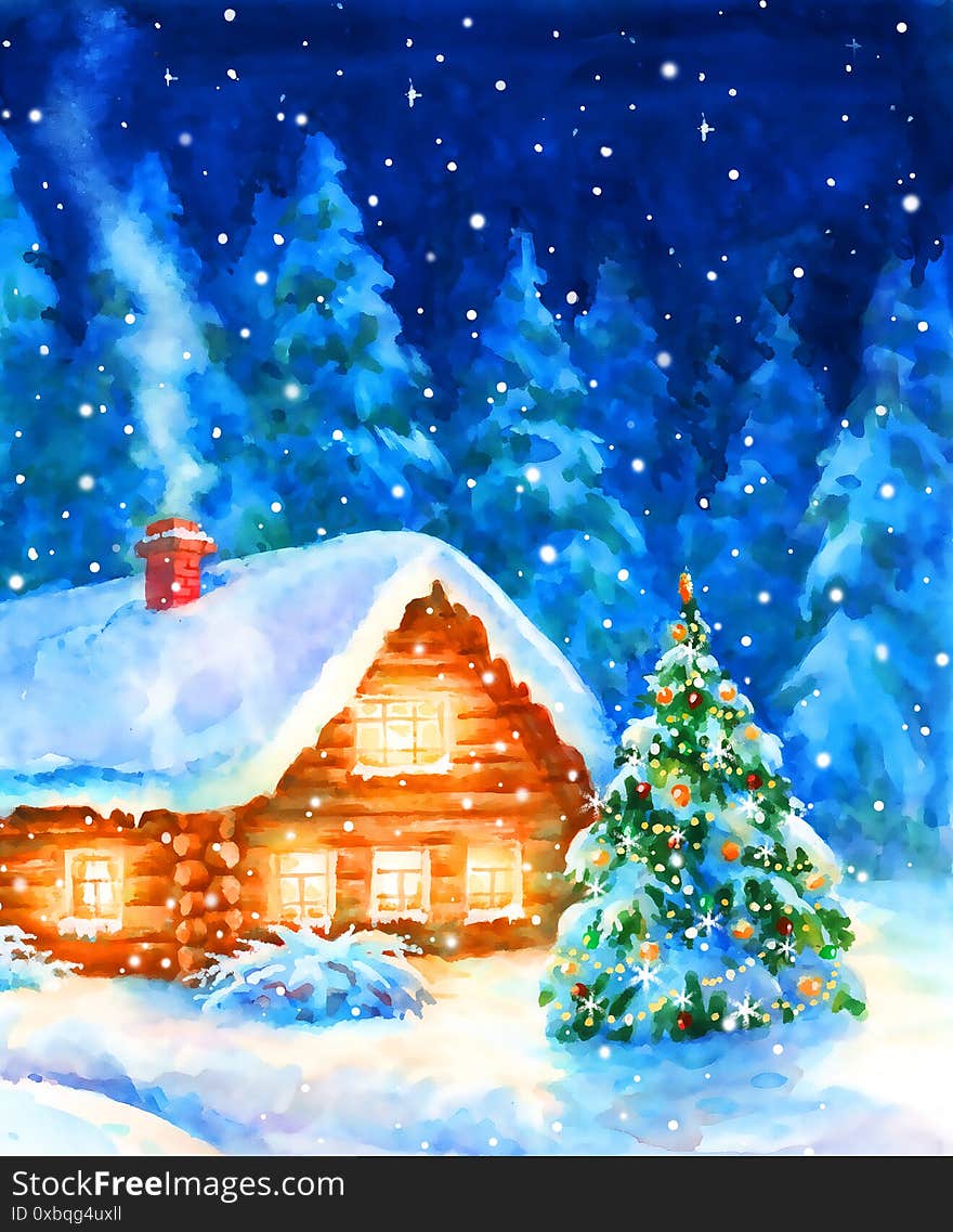 Christmas night landscape, watercolor hand paint illustration, holiday background for greeting card, invitation